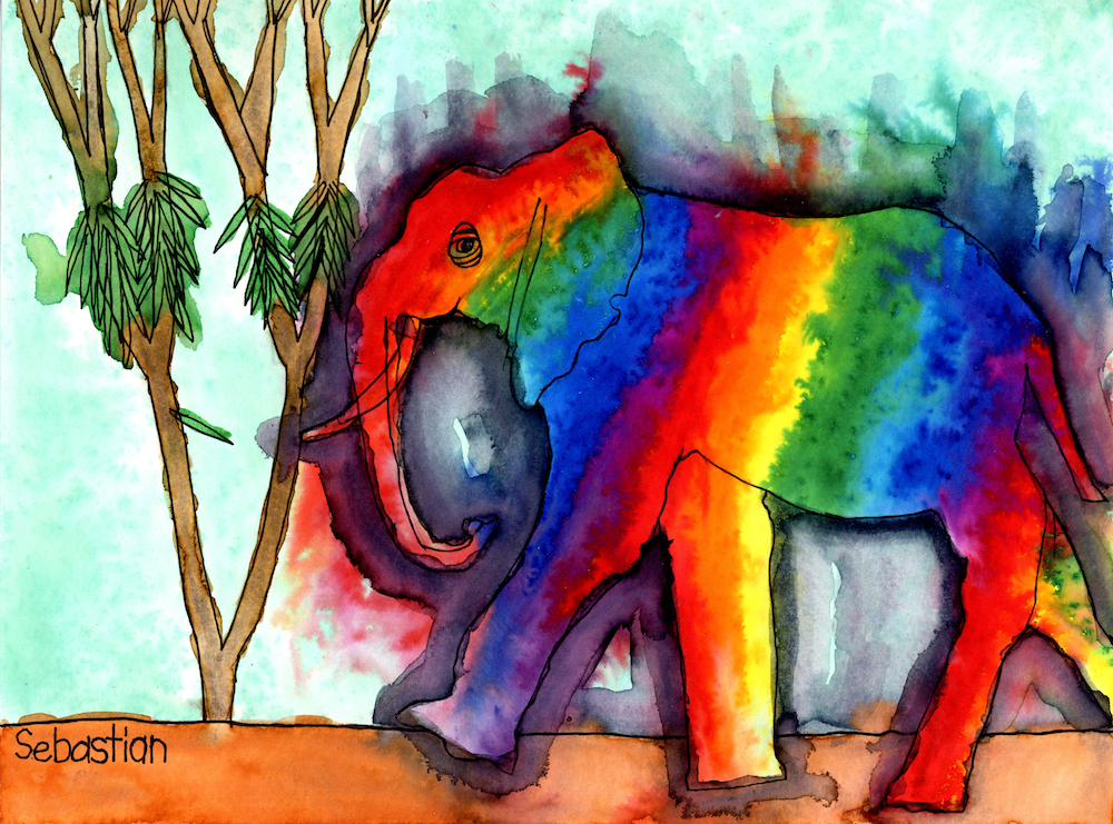 "Rainbow Elephant," Original Watercolor