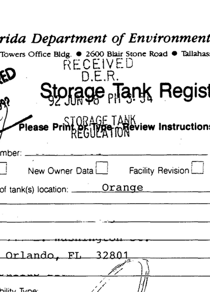 Historic Florida Department of Environmental Regulation Storage Tank Registration Form from Orlando Florida obtained by Excelsior Environmental Consultants for a Phase I Environmental Site Assessment ESA