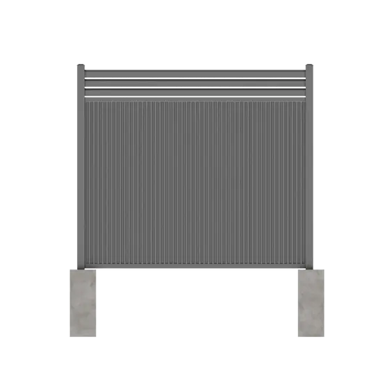 Vertical metal privacy fence with decorative top rail and structural steel posts