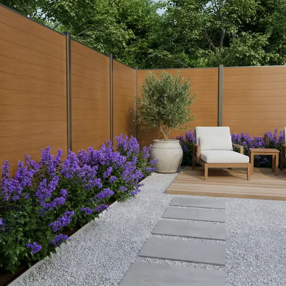 Modern backyard featuring Teak composite privacy fencing with natural wood appearance and low-maintenance outdoor design
