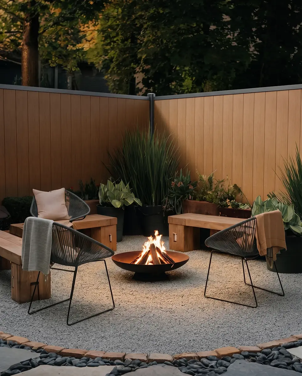Vertical composite fence with wood-look boards surrounding a modern backyard fire pit seating area