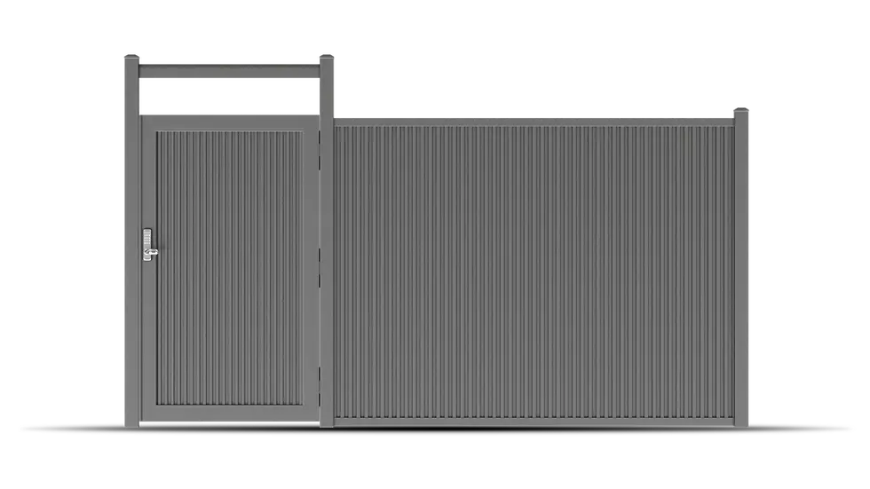Modern Yard FireGuard vertical metal fencing system with Class A fire-resistant galvanized steel panels and matching gate for durable full-privacy outdoor protection