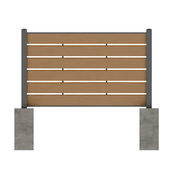 Horizontal spaced composite fencing using Teak fence boards and modular fence components for customizable outdoor privacy