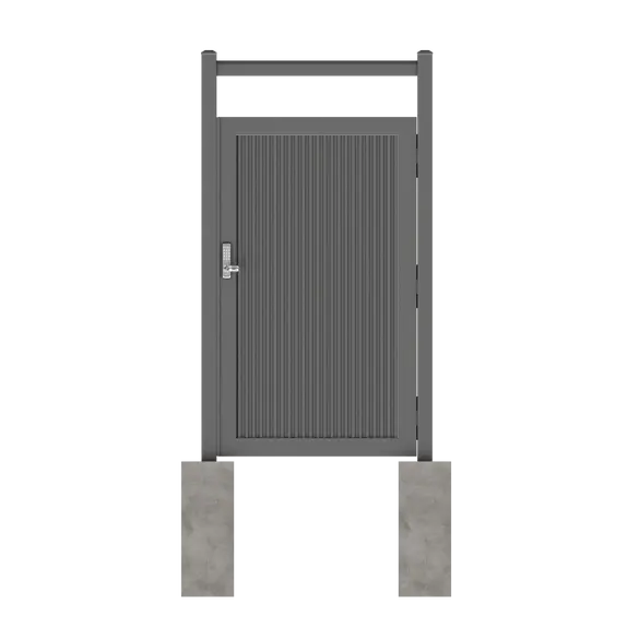 Fire-resistant steel fence gate using Modern Yard gate frame with vertical steel panels for secure outdoor access
