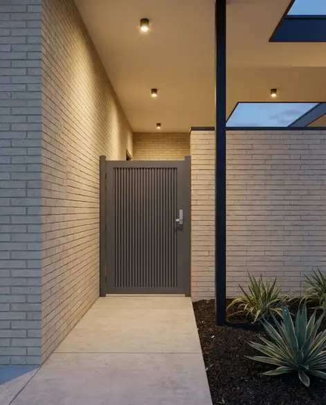 Modern side entrance gate using aluminum gate frame and vertical privacy fence panels in a contemporary outdoor space