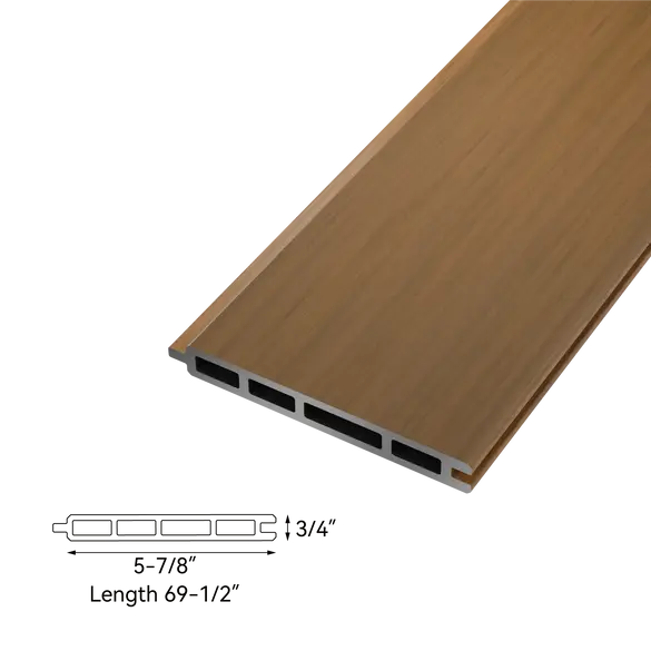 Teak composite fence board profile showing dimensions and interlocking design for Modern Yard modular fencing systems