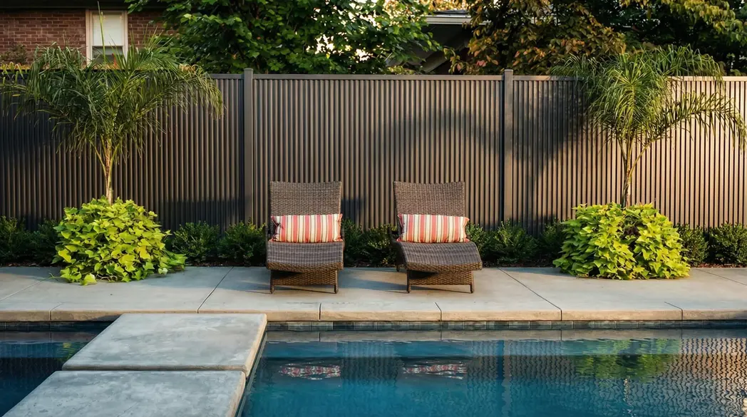 Modern backyard privacy fence with Modern Yard standard post caps installed on fence posts around an outdoor pool area