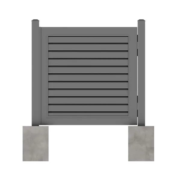 Horizontal metal fence gate using Modern Yard gate frame and metal fence slats for contemporary privacy fencing