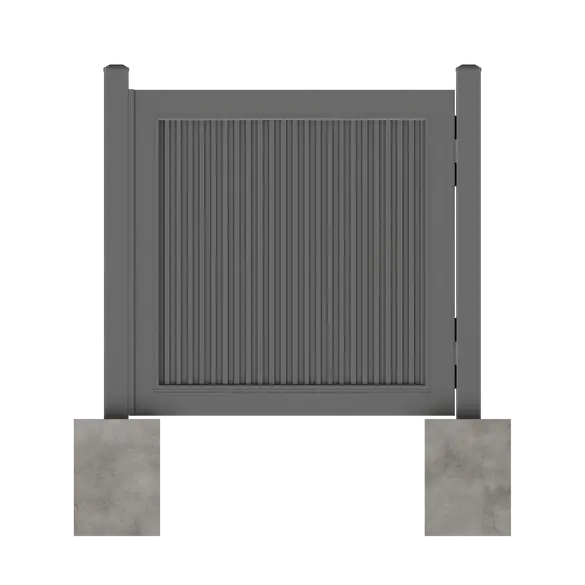 Single FireGuard steel privacy gate installed with vertical steel fence panels and galvanized steel posts