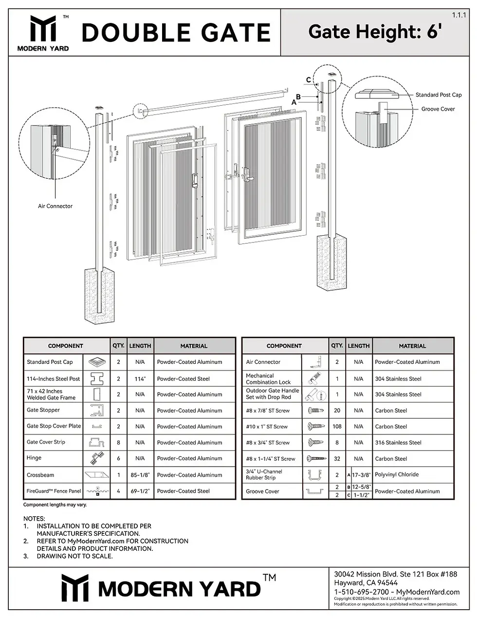 Modern Yard 6-foot FireGuard double metal gate exploded technical drawing showing dual gate frames, vertical steel panels, hinges, posts, and hardware assembly