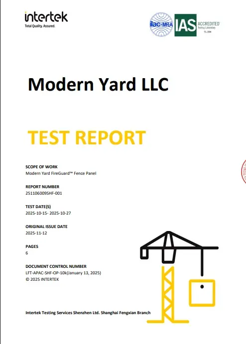 Third-party Intertek fire performance test report for Modern Yard FireGuard fence panel