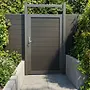 Composite gate with dark wood-look infill, aluminum frame, and outdoor combination lock