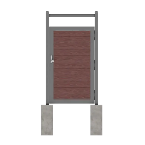 Composite fence gate using Modern Yard gate frame and Redwood fence boards for modern outdoor privacy