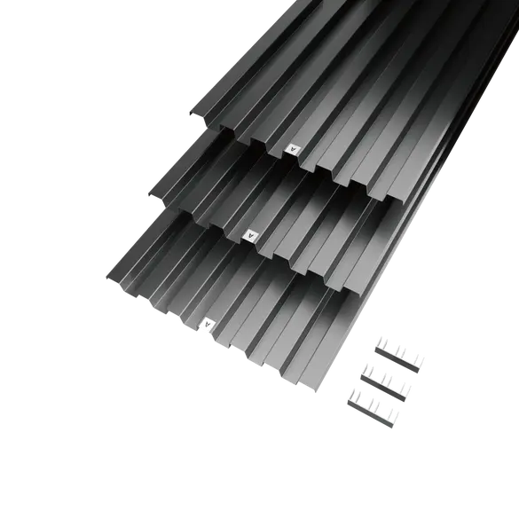 FireGuard steel fence panel components with vertical slats and installation hardware for modular fire-resistant fencing systems