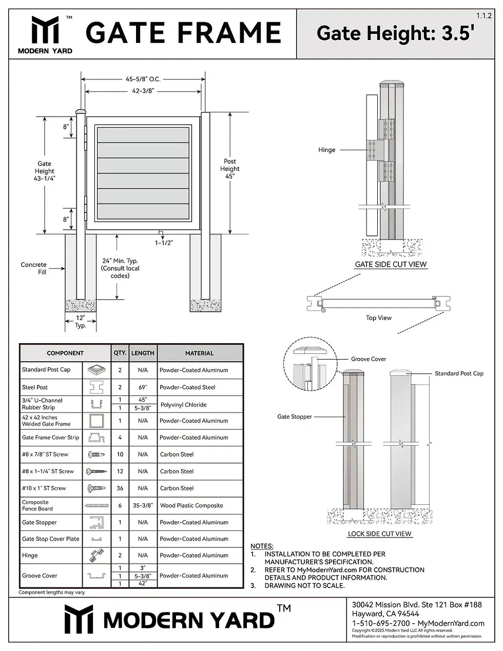 Modern Yard horizontal 3.5-foot composite gate frame technical drawing showing gate dimensions, frame profile, post layout, and composite infill configuration