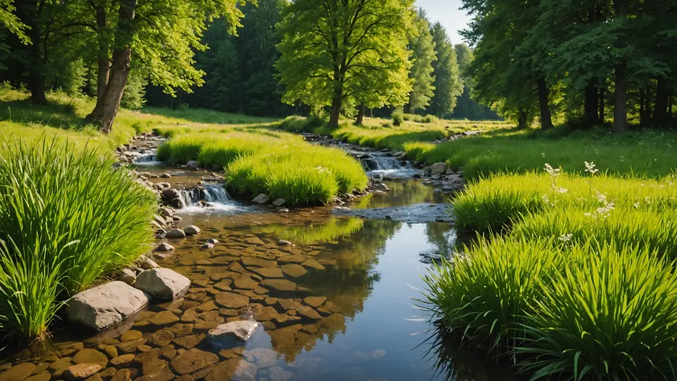 Eye-level view of a tranquil nature setting with a small stream