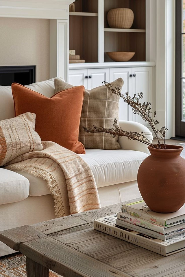Salon aux couleurs chaudes avec des coussins et des plaid