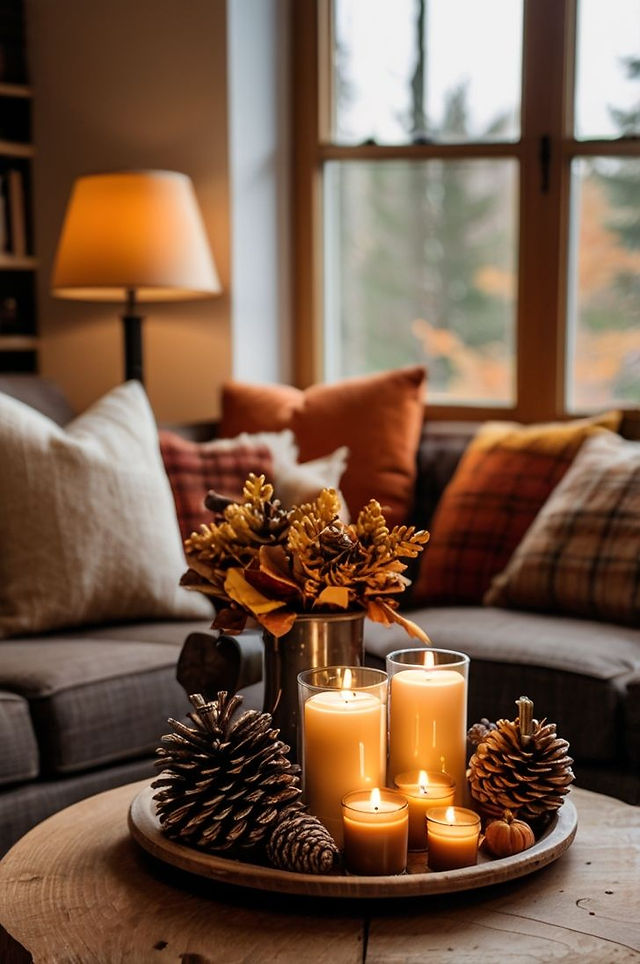 Bougies, pomme de pin et couleurs chaudes pour une décoration aux couleurs de l'automne