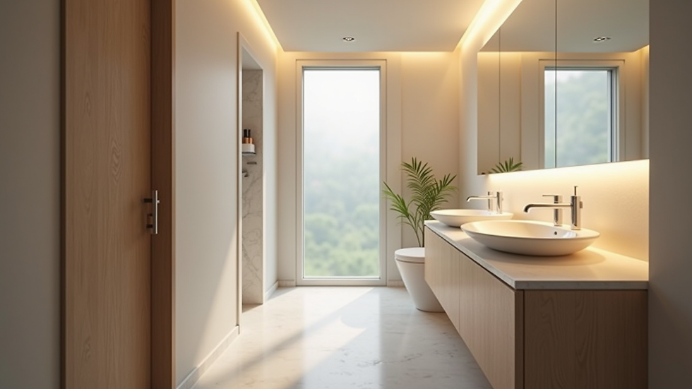 Eye-level view of a bathroom with soft lighting and a shower area