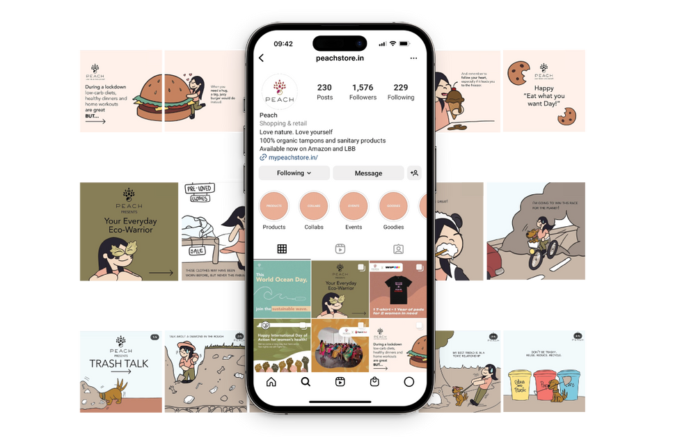 I managed creative direction for Peach, a brand focused on organic menstrual care and women's empowerment. I coordinated artist collaborations and marketing campaigns, ensuring strong brand messaging. I designed eco-friendly, functional packaging and directed photoshoots to create compelling visual assets. I also created digital graphics for web, social media, and promotional materials. Collaborating with the copywriting team, I developed a custom comic series to add humor and relatability to menstrual education. Through art direction, branding, and storytelling, I shaped Peach's brand identity and created an engaging, impactful campaign.