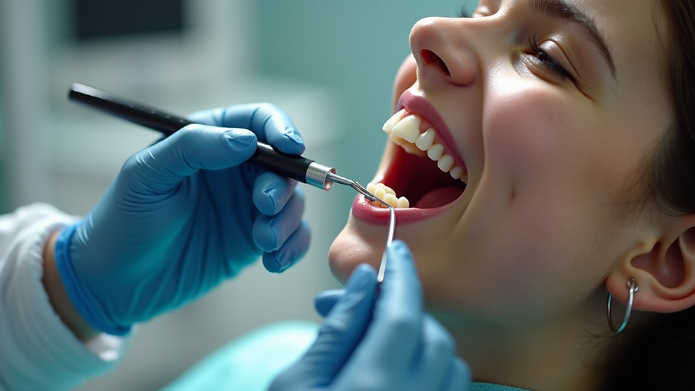 Close-up view of an orthodontist examining a patient's teeth
