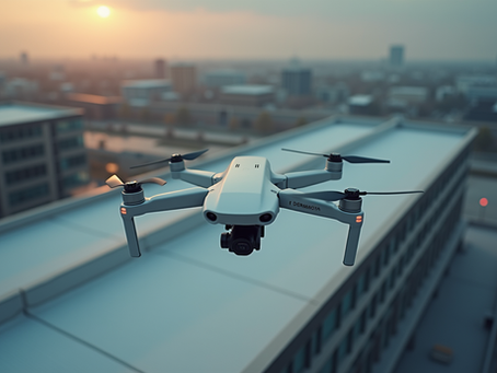 Drone hovering over a commercial roof
