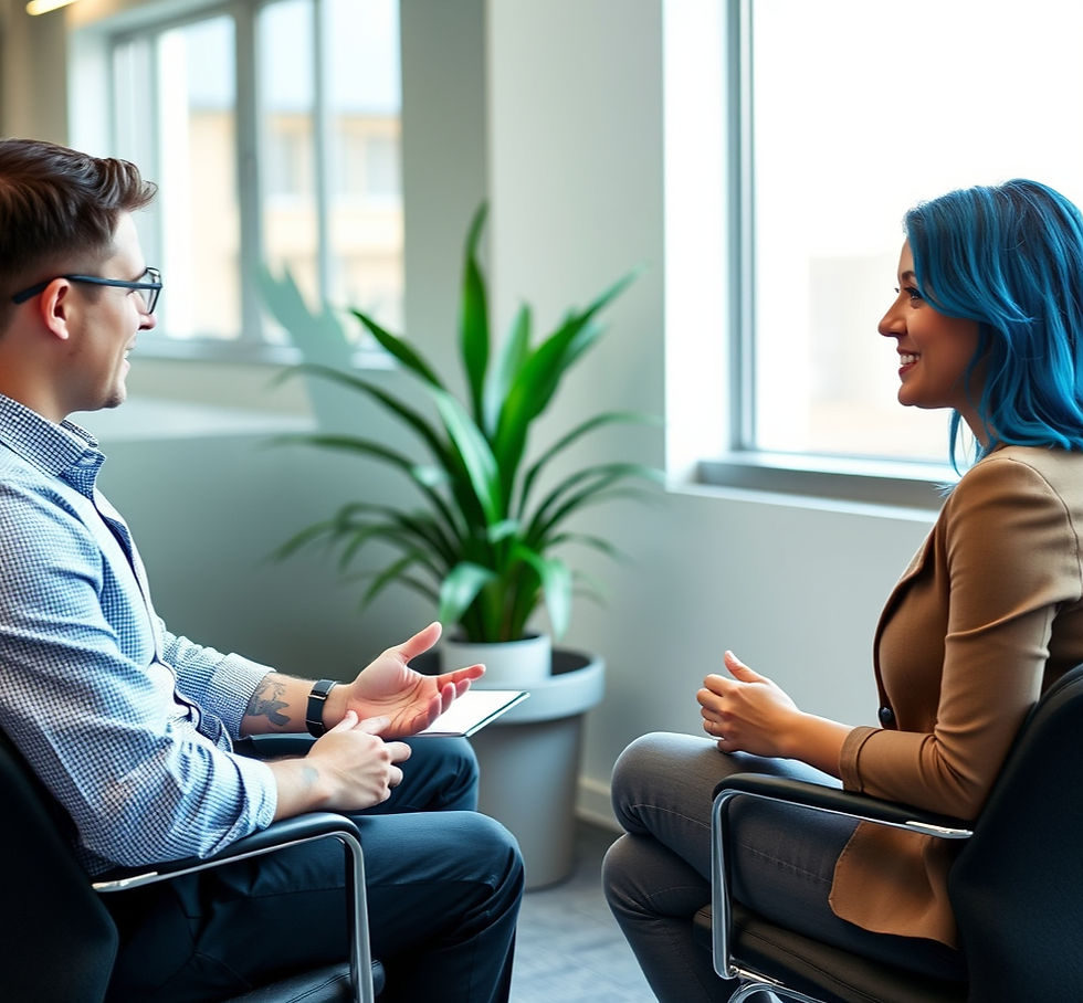 Realistic photo of a job interview in a modern counseling office. Two adults seated across