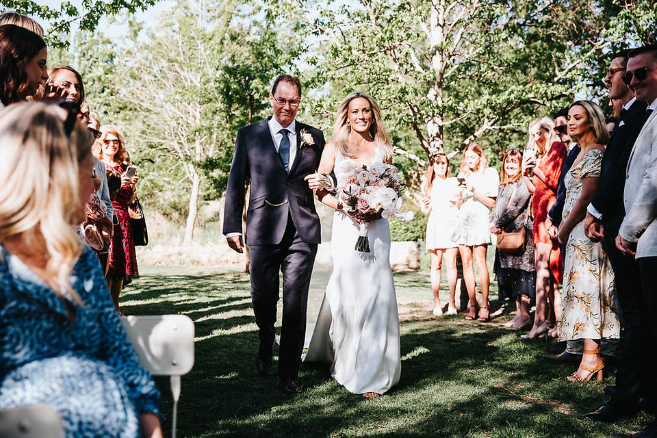 Bride walking down the aisle at Mali Brae Farm wedding ceremony Southern Highlands