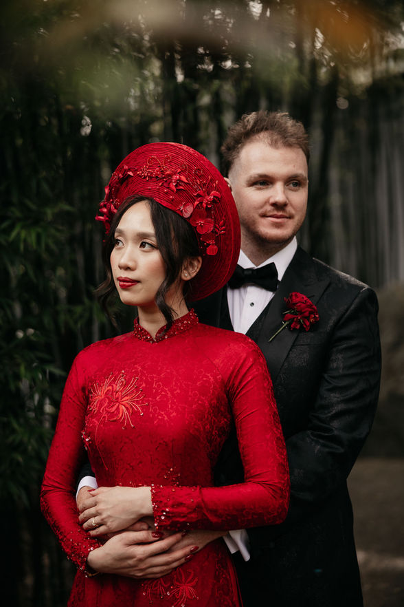 Elegant wedding couple portrait Sydney bride in red dress groom black suit