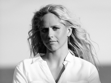 Corporate portrait photography of elite swimmer Chloe McCardel in black and white.