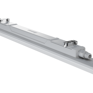 Close-up view of Technofy BLAZE linear LED light fixture for warehouse lighting