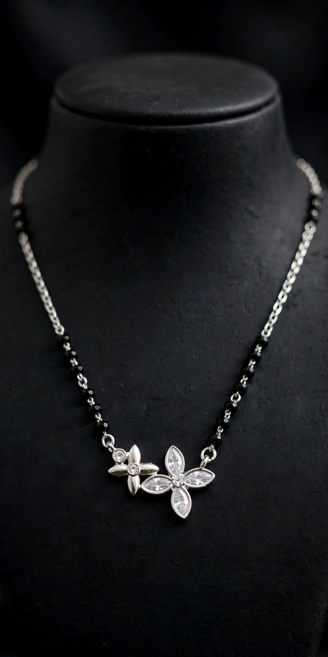 Silver Double Flower Diamond Mangalsutra