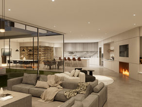 Open-concept living space with fireplace, plush sectional, and glass walls connecting to an outdoor fire pit lounge.