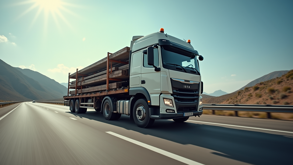 Eye-level view of a flatbed truck loaded with steel beams on a highway