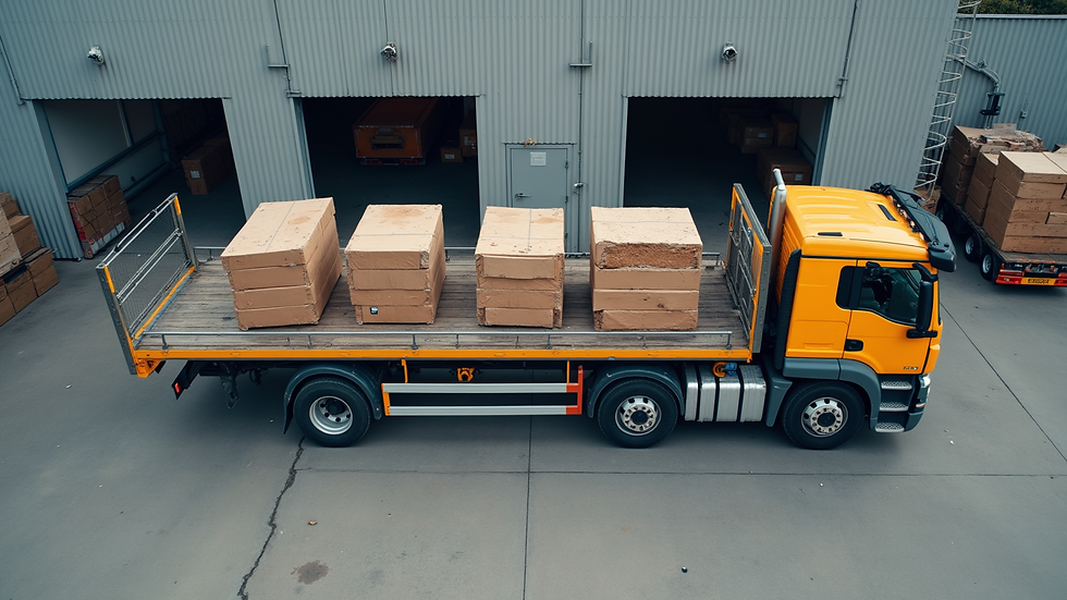 High angle view of a flatbed truck loaded with construction materials parked at a warehouse