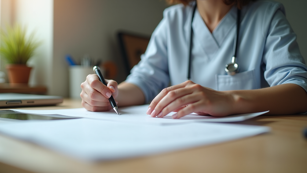 Close-up view of a caregiver filling out paperwork at a kitchen table