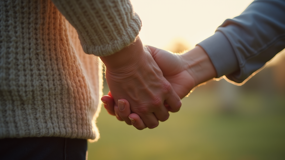 Close-up view of a senior’s hand holding a caregiver’s hand gently