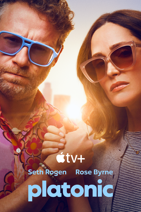 Woman and man crossing hands and holding them. They're wearing sunglasses and the sunrise is behind them rising over a skyline. Text reads APPLE TV+ PLATONIC SETH ROGEN ROSE BYRNE