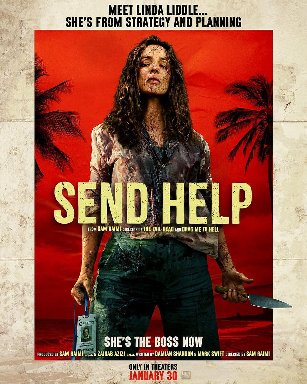 A woman with disheveled hair holds a knife and ID, against a red background with palm trees. Text: "SEND HELP", "SHE’S THE BOSS NOW".