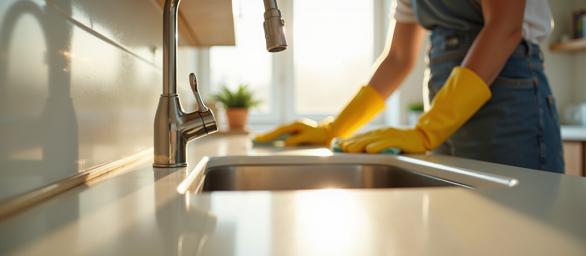 Woman cleaning kitchen counter by the sink wearing yellow gloves