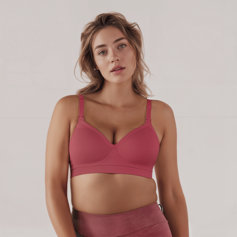 The Michal V-neck nursing bra in lipstick rose on model, sculpted cup and smooth contour