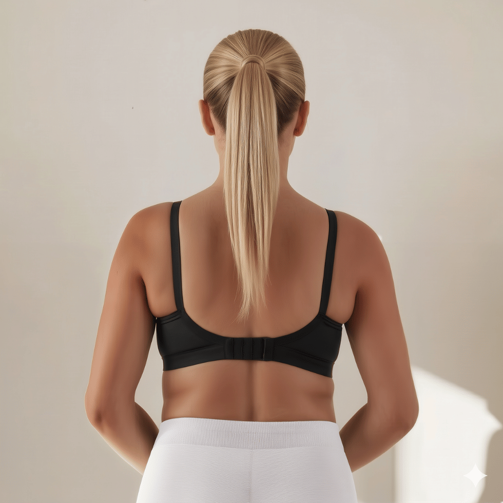 The Michal sculpted nursing bra in black, back view showing supportive band structure