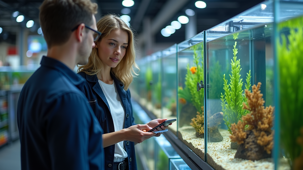 Eye-level view of a staff member advising a customer on aquarium equipment