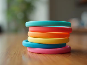 Silicone wristbands for schools stacked on a school table