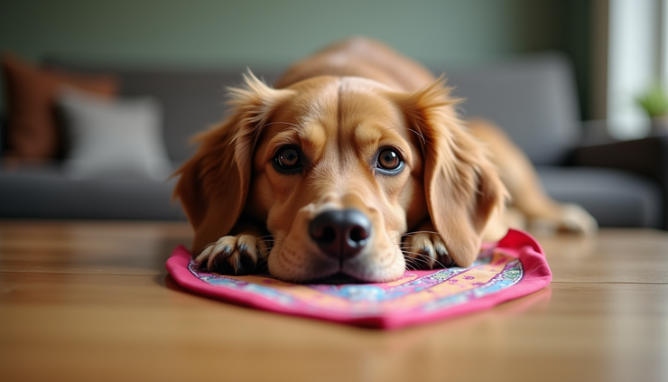 Eye-level view of a colourful dog bandana laid flat on a wooden table