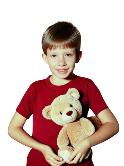 5_year_old_boy__light_brown_hair__wearing_red_tee_shirt__holding_single_teddy_bear_fully_v
