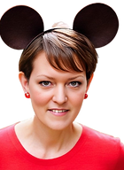 short_brown_hair_in_pixie_cut__wearing_Micky_Mouse_ears_NO_BOW_ON_THEM__wearing_red_shirt-