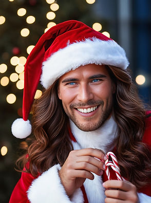 long_wavy_reddish_brown_hair,_very_blue_eyes,_smiling,_dressed_in_Santa_Claus_outfit_and_S