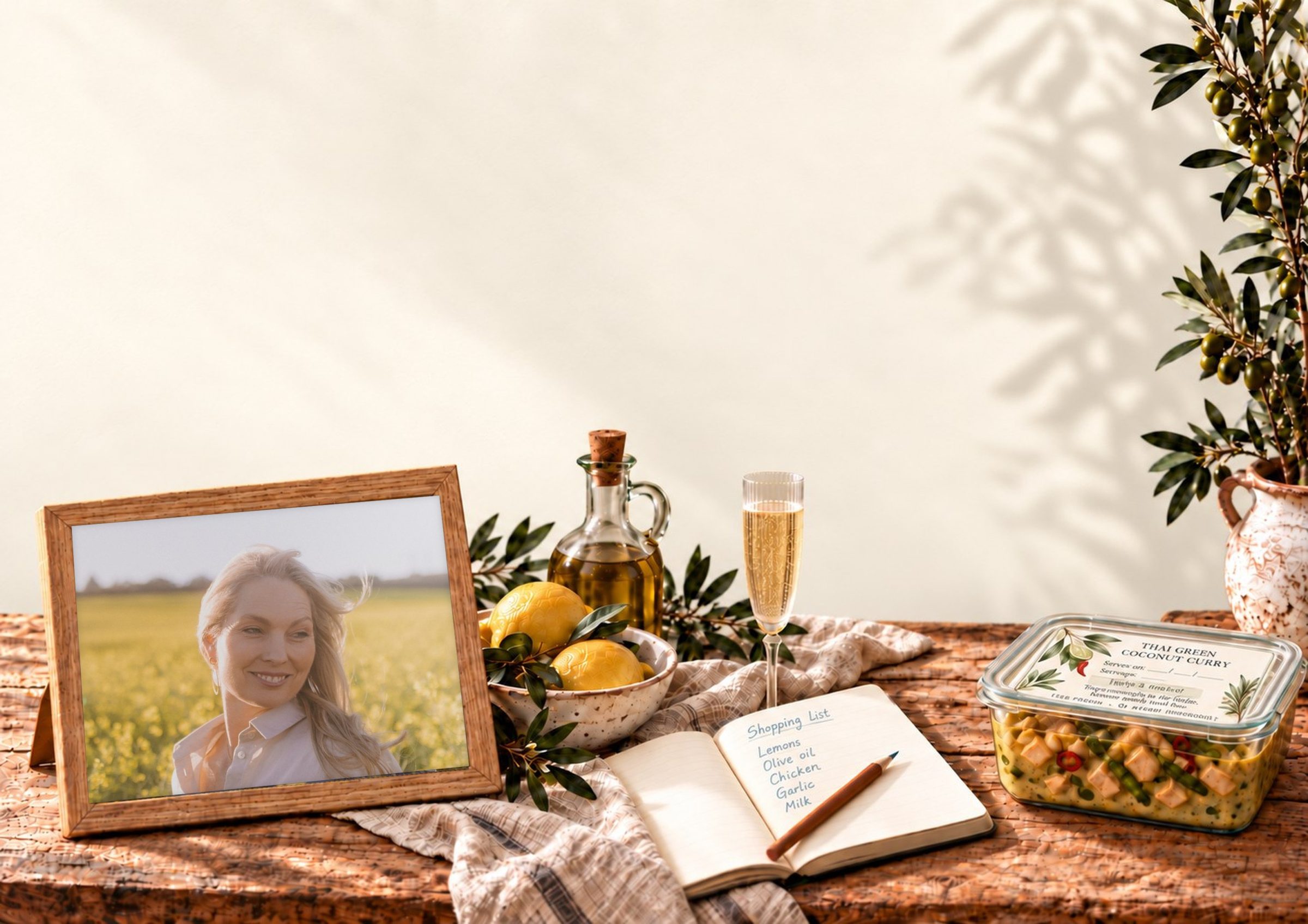 A framed photo of Michelle standing on a sunny Mediterranean-style kitchen table, with lemons, olive oil, a shopping list and an olive tree