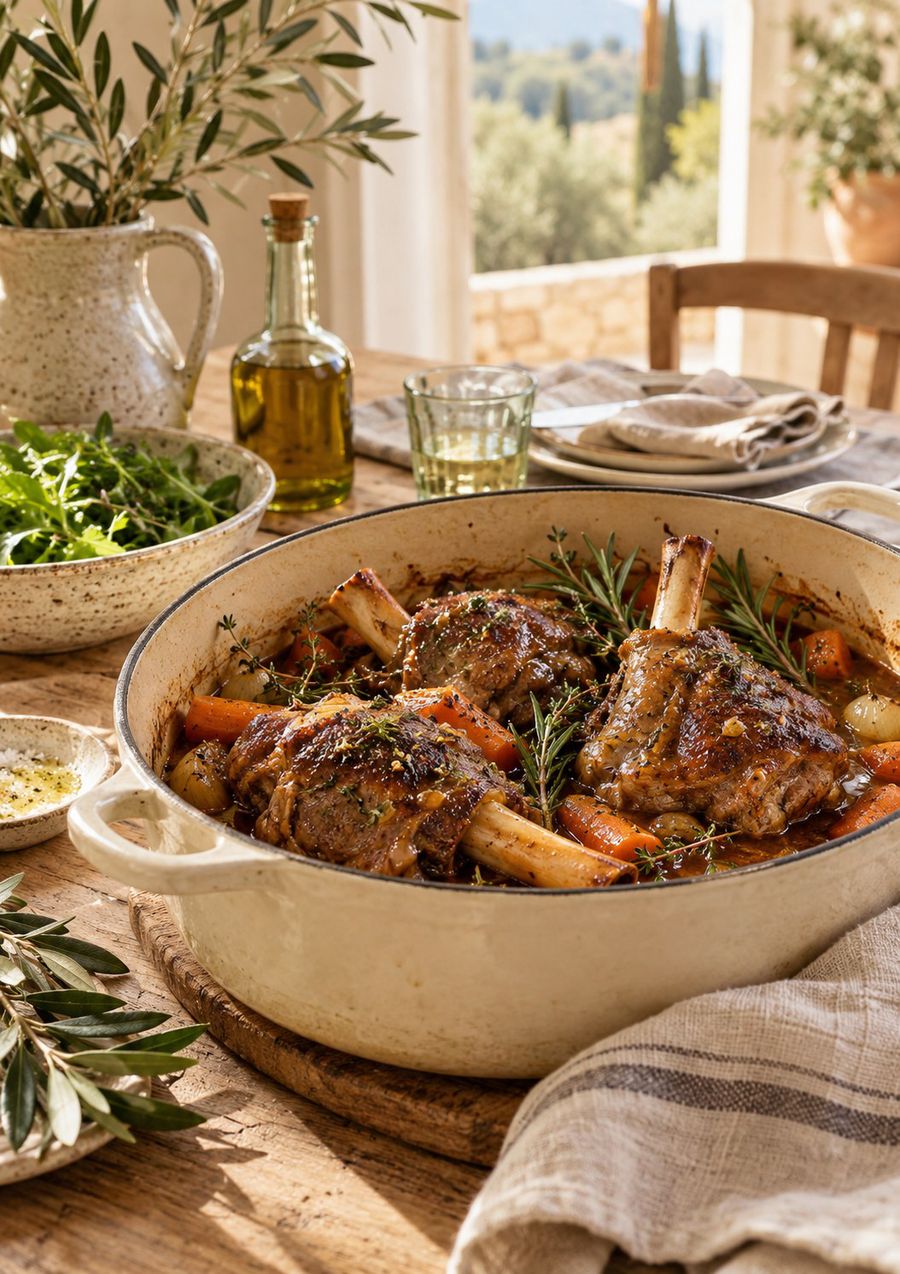 A pot of lamb shanks on a farmhouse table, olive trees outside